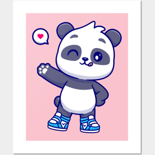 Cute Panda Wearing Shoes And Waving Hand Cartoon Posters and Art